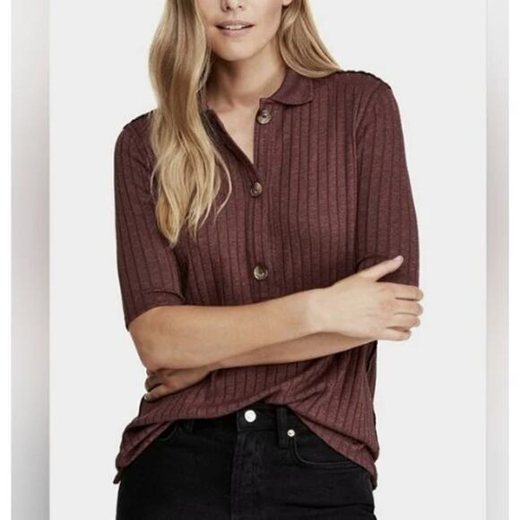 Free People Ribbed Knit Button Down Top Burgundy Collar Short Sleeve XS - Picture 1 of 5